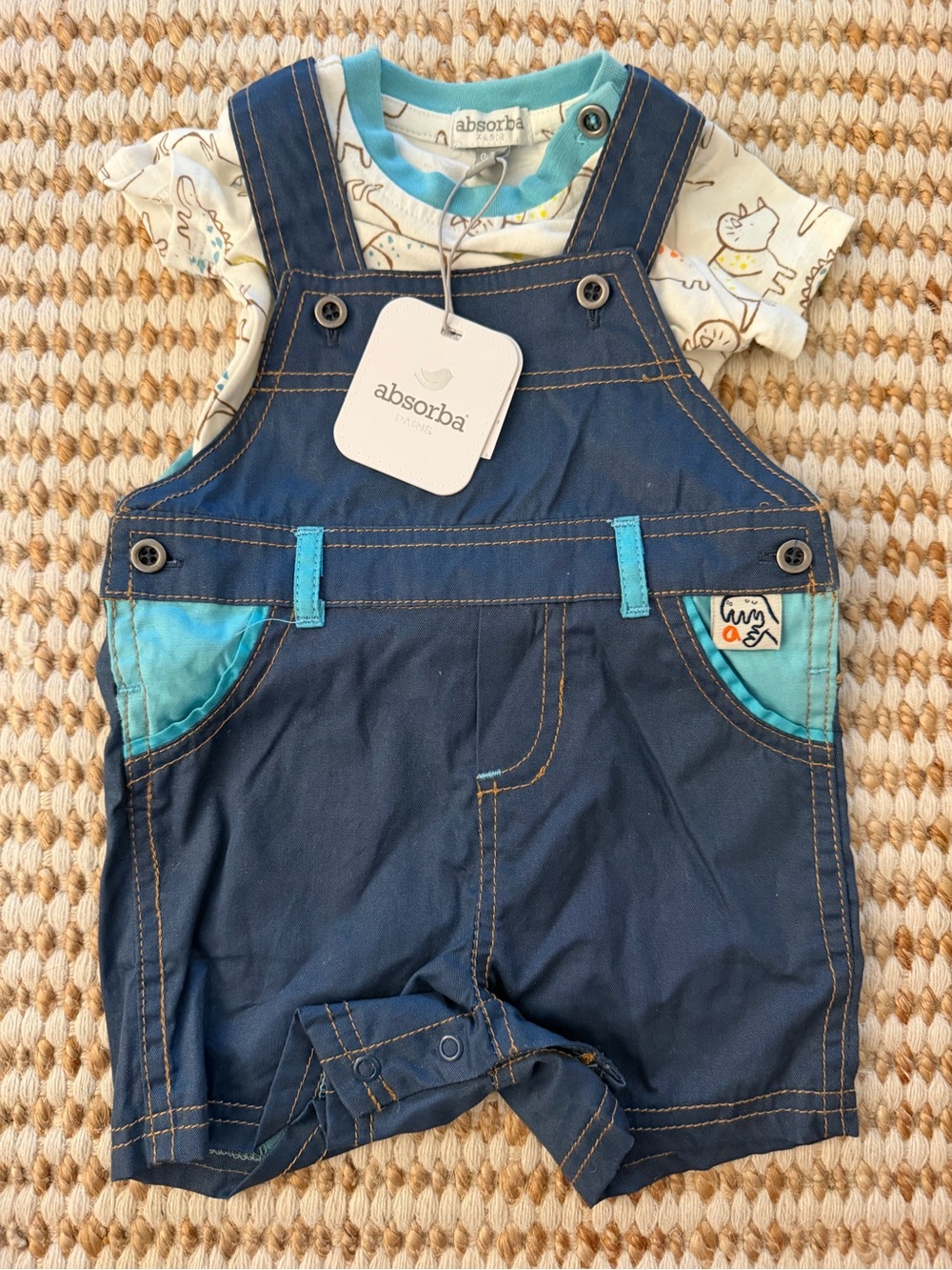 Absorba 2pc 0-3M Denim Overalls Shorts & Dinosaur Tee Set Blue/White